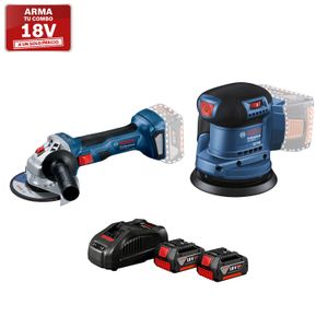 Amoladora 18V GWS 180-LI + Lijadora orbital 18V Bosch GEX 185-LI + Kit con 2 Baterías GBA 18V 4,0Ah + 1 cargador GAL 1880CV